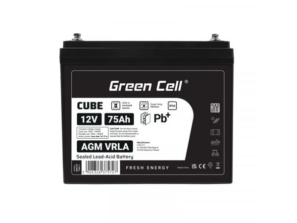 Green Cell Green Cell Cube AGM VRLA IP54 12V 75Ah Vedlikeholdsfritt batteri for campingvogn solcellepaneler Båt solcellepaneler