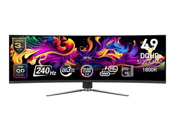 MSI MPG 491CQPXDE QD-OLED, 124,5 cm (49"), 5120 x 1440 pikseliä, Dual QHD, QD-OLED, 0,03 ms, musta