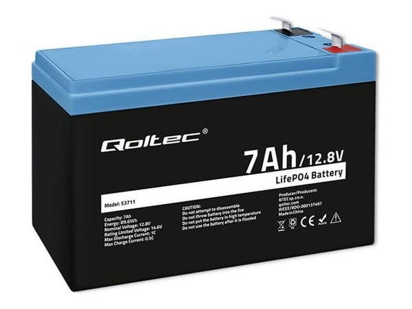 Qoltec - UPS-batteri - 12.8V, BMS, LiFePO4 - litium järn fosfat - 7 Ah - 89.6 Wh - blå, svart