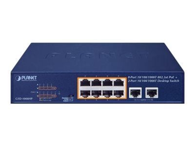 PLANET GSD-1008HP - Switch - ikke-styrt - 10 x 10/100/1000 (8 PoE+) - stasjonær, rackmonterbar - PoE+ (120 W)