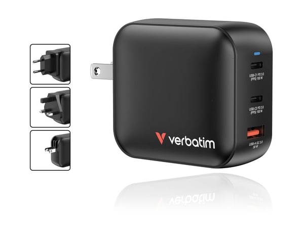 Verbatim - Strömadapter - GaN - 100 Watt - PD 3.0, PD/PPS, QC 4.0 - 3 utdatakontakter (2 x USB-C, USB)