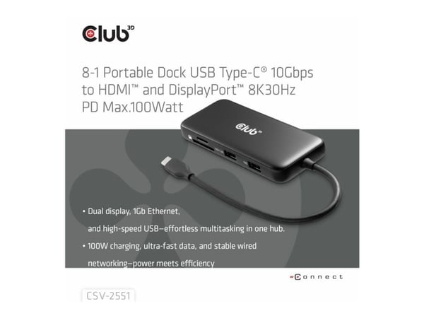 Club 3D 8-in-1 - Dokkingstasjon - for skrivebord, bærbar - USB-C - HDMI, DP - 1GbE