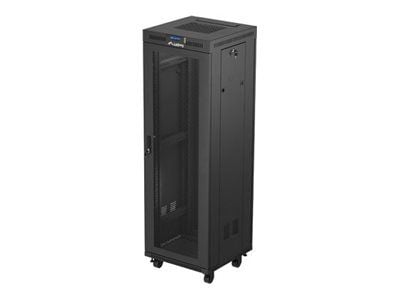 Lanberg FF01 series - Rack skap - 600 x 600, flat pack, with mesh door, LCD - med LCD-skjerm, termostat, 2 kjølevifter - fritt stående, står på gul...