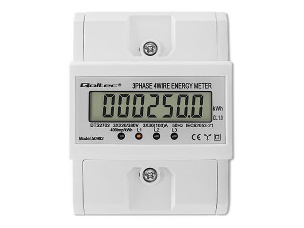 Qoltec kolmivaiheinen elektroninen energiamittari | DIN-kisko | 400V | 100A | LCD | 4P