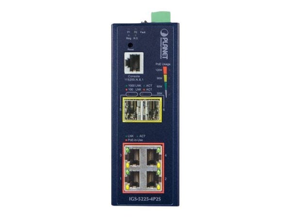 PLANET IGS-5225-4P2S - Switch - L2+ - Styrt - 4 x 10/100/1000 (PoE+) + 2 x 1000Base-X SFP - DIN-skinnemonterbar - PoE+ (144 W) - DC-strøm