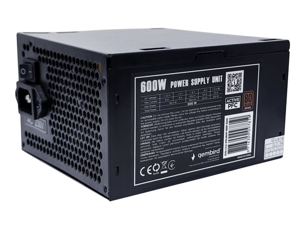 Gembird BlackBoxPower Series CCC-PSU80P-BBP-600 - Strømforsyning (intern) - ATX / BTX - 80 PLUS Bronze - AC 230 V - 600 watt - aktiv PFC - svart pu...