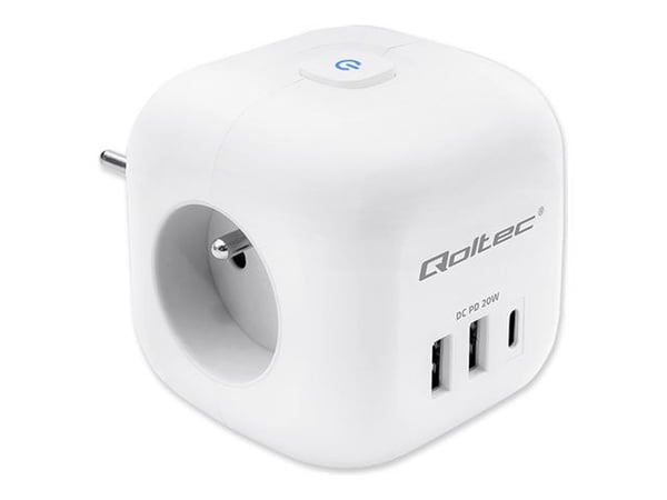 Qoltec power cube 6in1 -laajennin valaistulla kytkimellä | 3x AC | 2x USB | 1x USB-C PD 20W | Valkoinen | Valkoinen