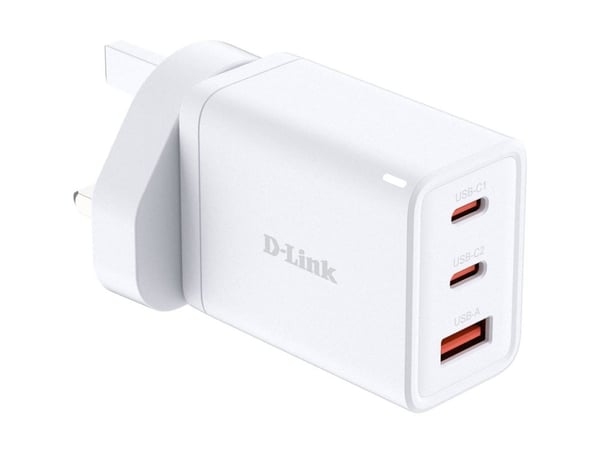 D-Link DCP-651 - Strømadapter - GaN - 65 watt - 5 A - PD 3.0, QC 4.0 - 3 utgangskontakter (2 x USB-C, USB-type A)