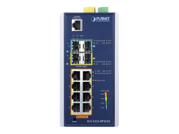 PLANET IGS-5225-8P2S2X - Switch - L3 - Styrt - 8 x 10/100/1000 (PoE+) + 2 x SFP + 2 x 10 Gigabit SFP+ - DIN-skinnemonterbar, veggmonterbar - PoE+ (...