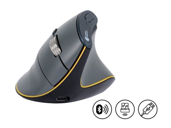 BakkerElkhuizen FastForward - Vertikal mus - ergonomisk - høyrehendt - optisk - 8 knapper - trådløs, kablet - Bluetooth 5.1, RF - mørk grå