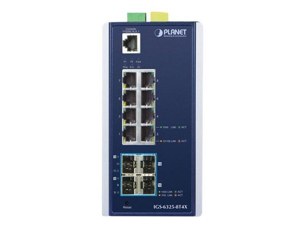 PLANET IGS-6325-8T4X - Switch - L3 - Styrt - 8 x 10/100/1000 + 4 x 10 Gigabit SFP+ - DIN-skinnemonterbar, veggmonterbar - AC 24 V / DC 12 - 48 V