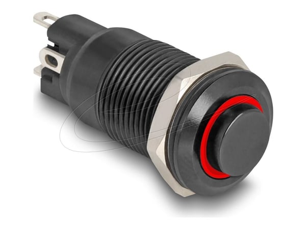 Delock trykkbryter for montering svart 12 mm 12 V 4 x loddetilkobling LED rød ring