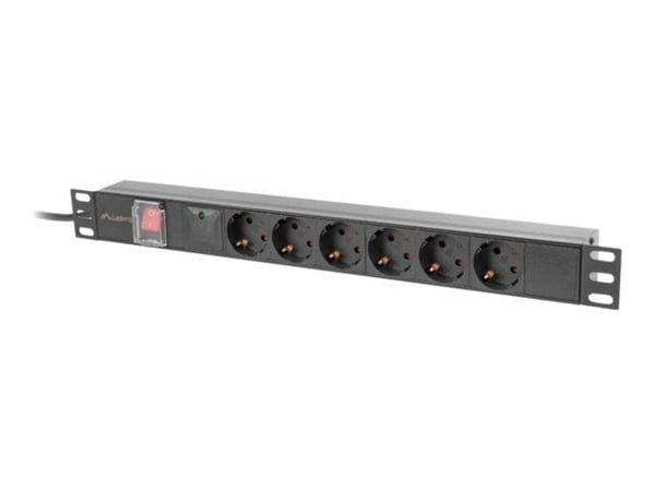 Lanberg PDU-06F-0200-IEC-BK, 1U, Alumiini, musta, 6 AC-pistorasia(a), Tyyppi F, C14 liitin