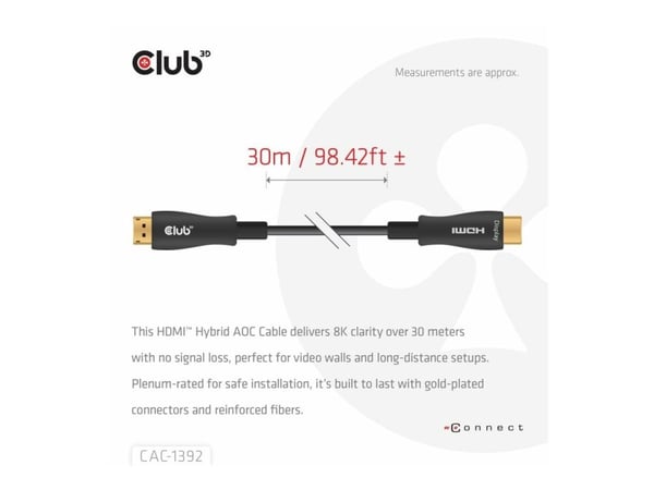 Club 3D - Ultra High Speed - HDMI-kabel - HDMI hann til HDMI hann - 30 m - skjermet hybrid kobber/fiber-optikk - svart - Active Optical Cable (AOC)...
