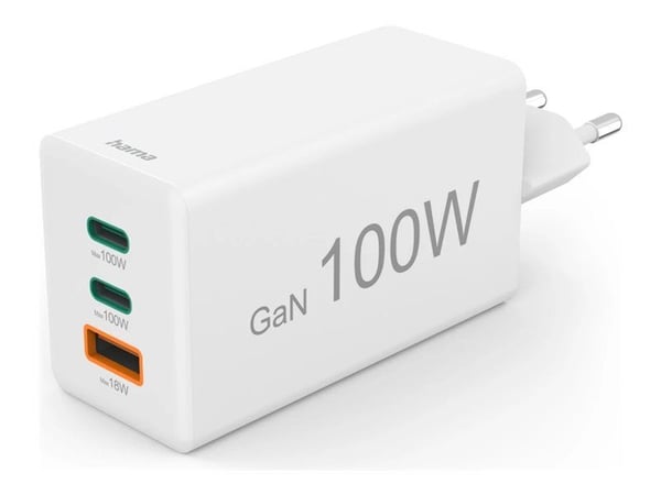Hama mini 100W GaN PD/QC laturi 2x USB-C, 1x USB-A valkoinen