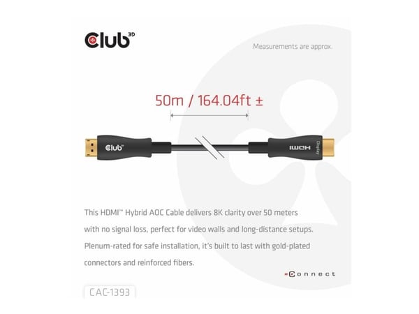 Club 3D - Ultra High Speed - HDMI-kabel - HDMI hann til HDMI hann - 50 m - skjermet hybrid kobber/fiber-optikk - svart - Active Optical Cable (AOC)...