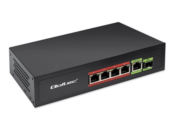 Qoltec SWITCH FAST Ethernet PoE 4x RJ45 PoE 1x RJ45 Uplink 1x SFP | 65W | 1000 Mb 1000 Mb