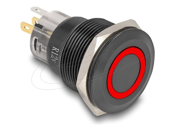 Delock trykkbryter for montering svart 22 mm 12 V 5 x loddetilkobling LED rød ring