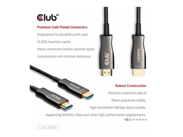 Club 3D - Ultra High Speed - HDMI-kabel - HDMI hann til HDMI hann - 50 m - skjermet hybrid kobber/fiber-optikk - svart - Active Optical Cable (AOC)...
