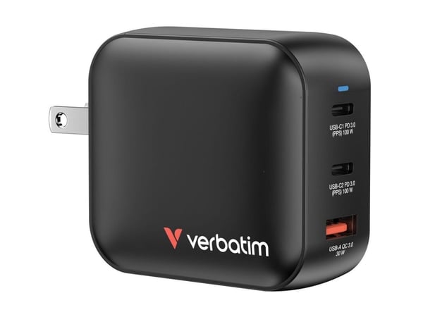 Verbatim - Strömadapter - GaN - 100 Watt - PD 3.0, PD/PPS, QC 4.0 - 3 utdatakontakter (2 x USB-C, USB)
