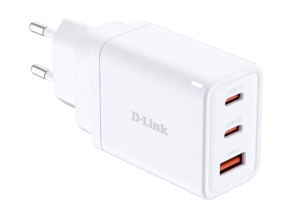 D-Link DCP-651 - Strømadapter - GaN - 65 watt - 5 A - PD 3.0, QC 4.0 - 3 utgangskontakter (2 x USB-C, USB-type A)