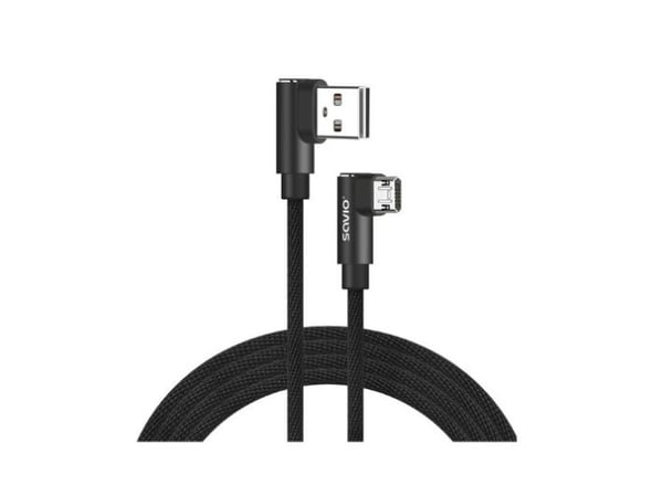 SAVIO - USB-kaapeli - USB (uros) 90° kulmassa, käännettävissä Micro-USB Type B:hen (uros) 90° kulmassa, käännettävä - USB 2.0 - 2.4 A - 2 m - musta