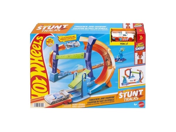 Hot Wheels Stunttracks hopp gjennom spiralbanesettet og lekebilen i skala 1:64, hurtigkoblet skinnesystem
