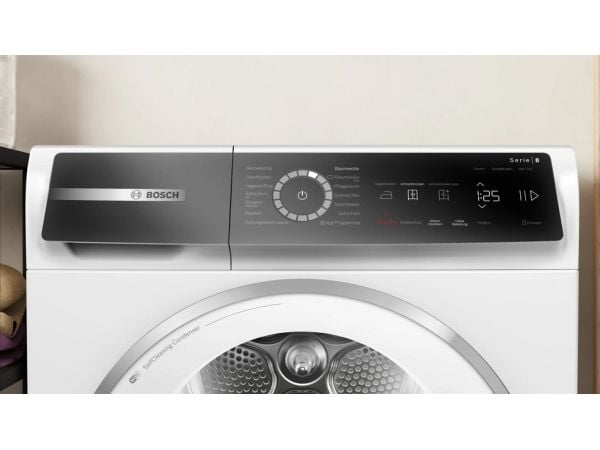 Bosch Serie 8 WQB235B4EP, Frittstående, Frontmatet, Varme pumpe, Hvit, Rotasjon, Berøringskontroll, Riktig/Høyre