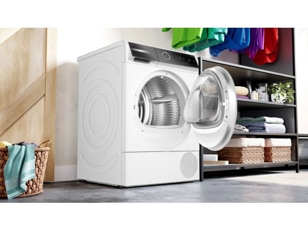 Bosch Serie 8 WQB235B4EP, Frittstående, Frontmatet, Varme pumpe, Hvit, Rotasjon, Berøringskontroll, Riktig/Høyre