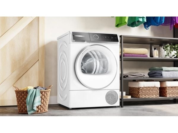 Bosch Serie 8 WQB235B4EP, Frittstående, Frontmatet, Varme pumpe, Hvit, Rotasjon, Berøringskontroll, Riktig/Høyre