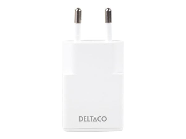 Deltaco USB-C vegglader, 1x USB-C PD 30 W, slank størrelse, støtter PPS, innendørs, vekselstrøm, hvit