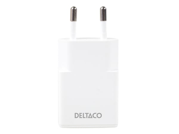 Deltaco USB-C vegglader, 1x USB-C PD 30 W, slank størrelse, støtter PPS, innendørs, vekselstrøm, hvit