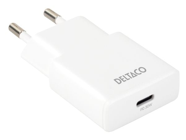 Deltaco USB-C vegglader, 1x USB-C PD 30 W, slank størrelse, støtter PPS, innendørs, vekselstrøm, hvit