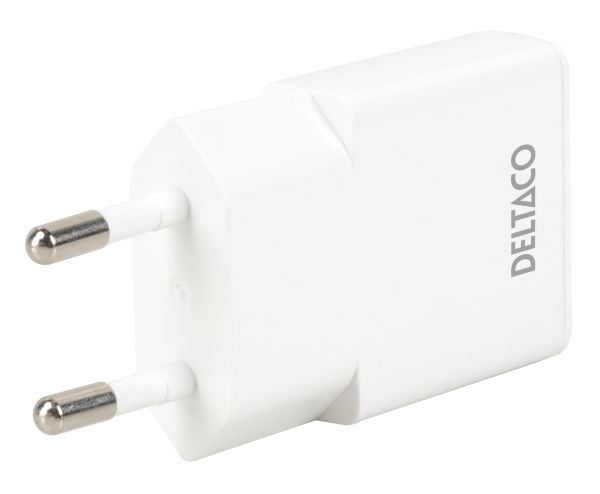 Deltaco USB-C vegglader, 1x USB-C PD 30 W, slank størrelse, støtter PPS, innendørs, vekselstrøm, hvit