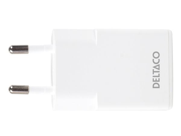 Deltaco USB-C vegglader, 1x USB-C PD 30 W, slank størrelse, støtter PPS, innendørs, vekselstrøm, hvit