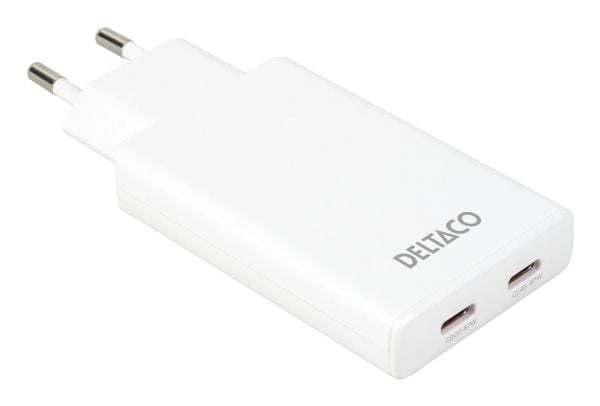 DELTACO - Strømadapter - slank - 67 watt - 3.35 A - PD/PPS, SFC - 2 utgangskontakter (2 x USB-C) - hvit