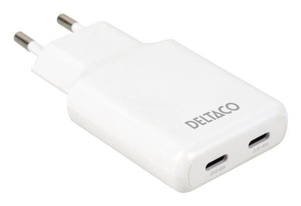 DELTACO - Strømadapter - slank - 45 watt - 3 A - PD/PPS, SFC - 2 utgangskontakter (2 x USB-C) - hvit