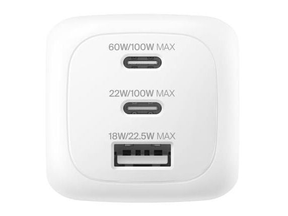 Belkin BoostCharge Pro - Strømadapter - GaN - 100 watt - PD 3.1/PPS - 3 utgangskontakter (2 x USB-C, USB) - hvit - med reiselader sett