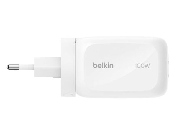 Belkin BoostCharge Pro - Strømadapter - GaN - 100 watt - PD 3.1/PPS - 3 utgangskontakter (2 x USB-C, USB) - hvit - med reiselader sett