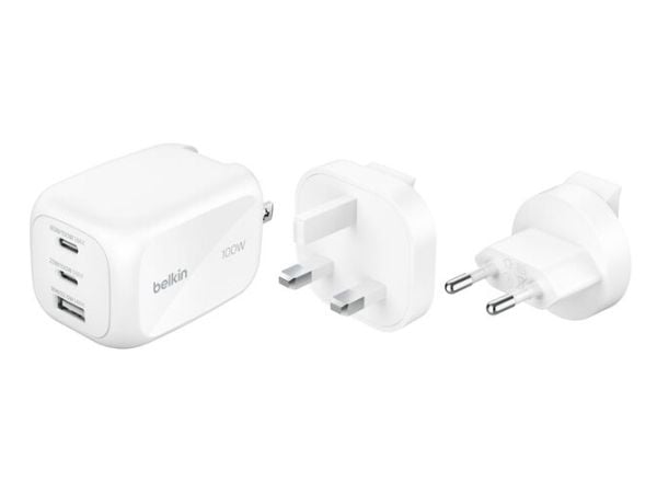 Belkin BoostCharge Pro - Strømadapter - GaN - 100 watt - PD 3.1/PPS - 3 utgangskontakter (2 x USB-C, USB) - hvit - med reiselader sett