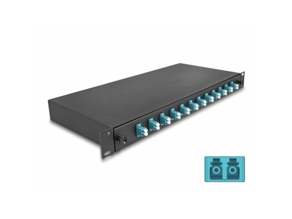 Delock - Spleiseboks for fiberoptikk - OM3, complete assembled - front - rackmonterbar - LC Duplex x12 - svart - 1U - 19"