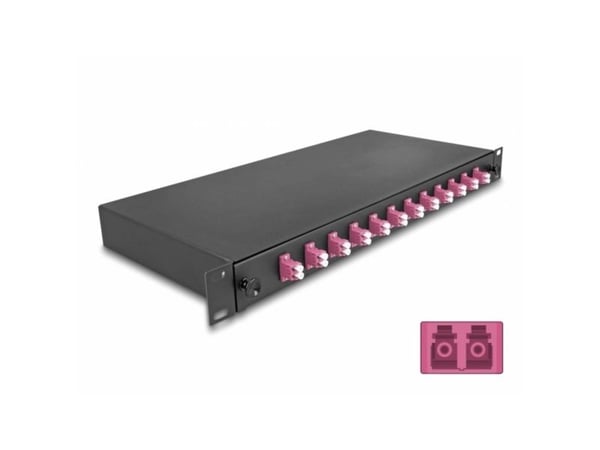 Delock - Spleiseboks for fiberoptikk - OM4, complete assembled - front - rackmonterbar - LC Duplex x12 - svart - 1U - 19"