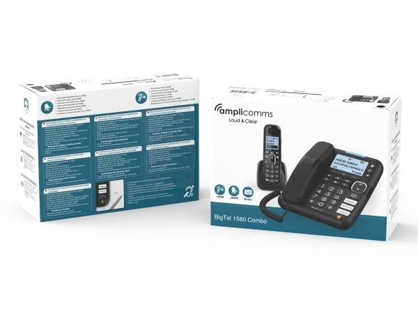 Amplicomms BigTel 1580 Combo - Med ledning/trådløs - svarersystem med anrops-ID - DECT - svart + ekstra håndsett