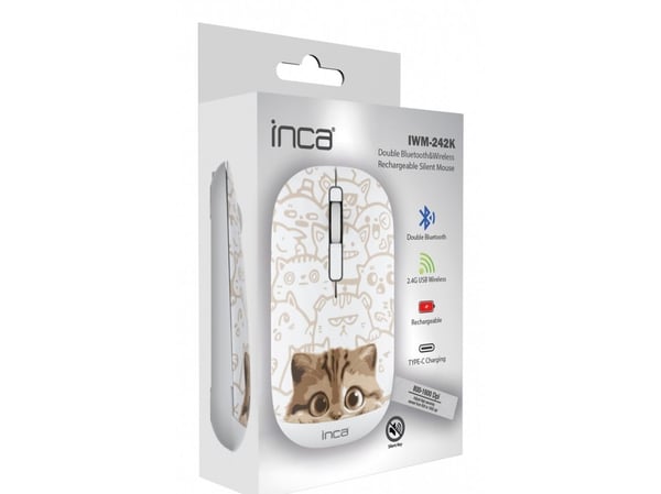 Inca IWM-242K, Ambidekstriøs, Bluetooth, 1600 DPI, Beige, Hvit