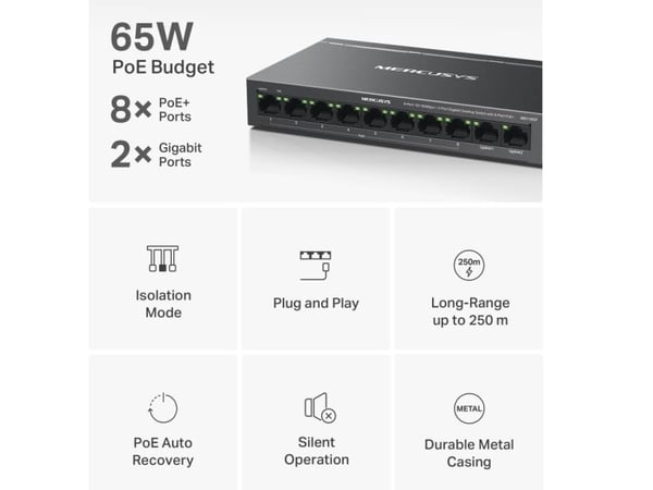 Mercusys MS110CP, Fast Ethernet (10/100), Full tosidig, Strøm over Ethernet (PoE), Kan monteres på vegg
