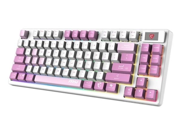 MSI FORGE GK600 TKL WIRELESS VIOLET, Trådløs, USB + Bluetooth, Mekanisk nøkkelbryter, QWERTY, RGB LED, Rosa, Fiolett, Hvit
