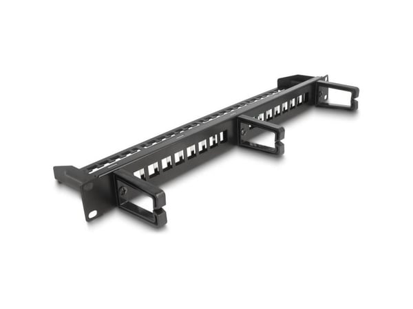 Delock - Koblingspanel - with 3 hooks, strain relief - skapmonterbar - svart - 1U - 19" - 16 porter