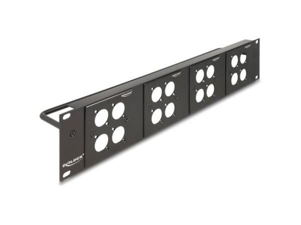 Delock D-type 19" patch-paneeli, jossa 4 D-type-levyä 86 x 86 mm ja 4 porttia 2 U musta