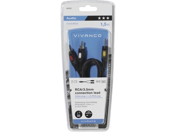 Vivanco VVAJACK2RCA18MMK, 2 x RCA, Hankjønn, 3.5mm, Hankjønn, 1,5 m, Svart