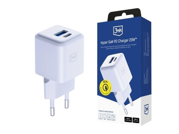 3MK Hyper GaN -laturi 20W 1xUSB-A 1XUSB-C PD QC4+ valkoinen